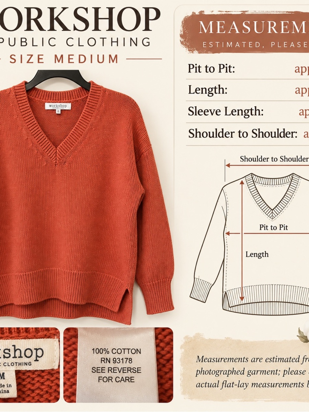 Workshop Republic 100% Cotton Terra Cotta V-Neck Sweater Medium - Picture 3 of 7